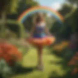 A vibrant rainbow tutu skirt displayed in a lush garden setting, showcasing its colorful layers.