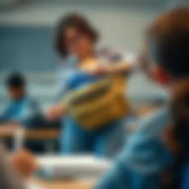 A stylish fanny pack worn by a teacher while engaging in a lesson, showcasing its practicality in the classroom.