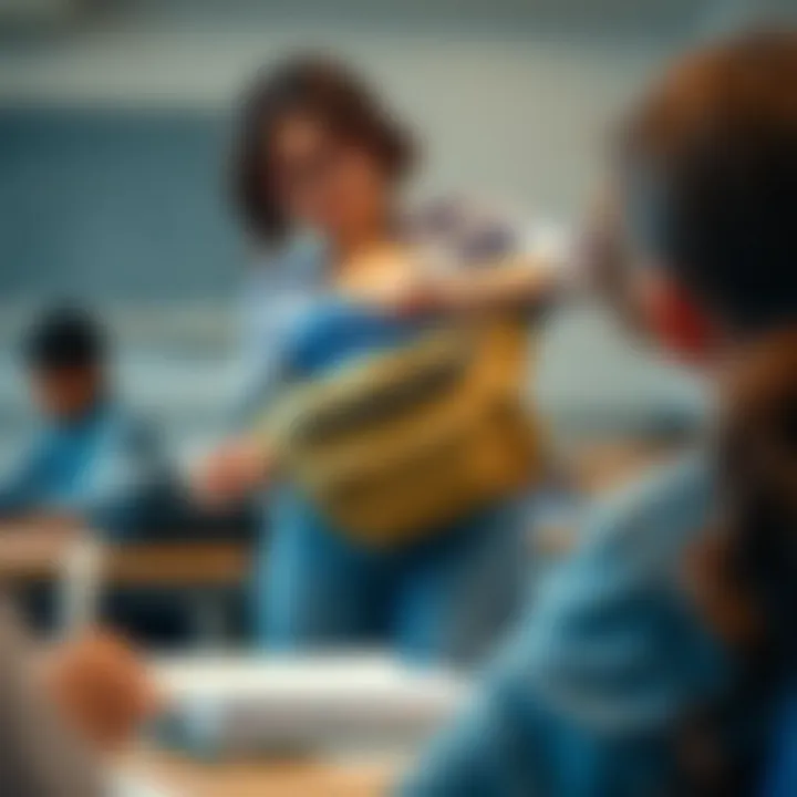 A stylish fanny pack worn by a teacher while engaging in a lesson, showcasing its practicality in the classroom.